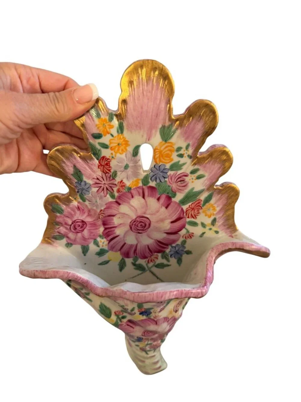 Antique French Cornucopia Shaped Hand-painted Floral Wall Vase Decorative